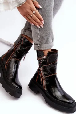 Discount Maciejka Damskie Lakierowane Skórzane Botki Z Suwakami 06238-18 Czarne