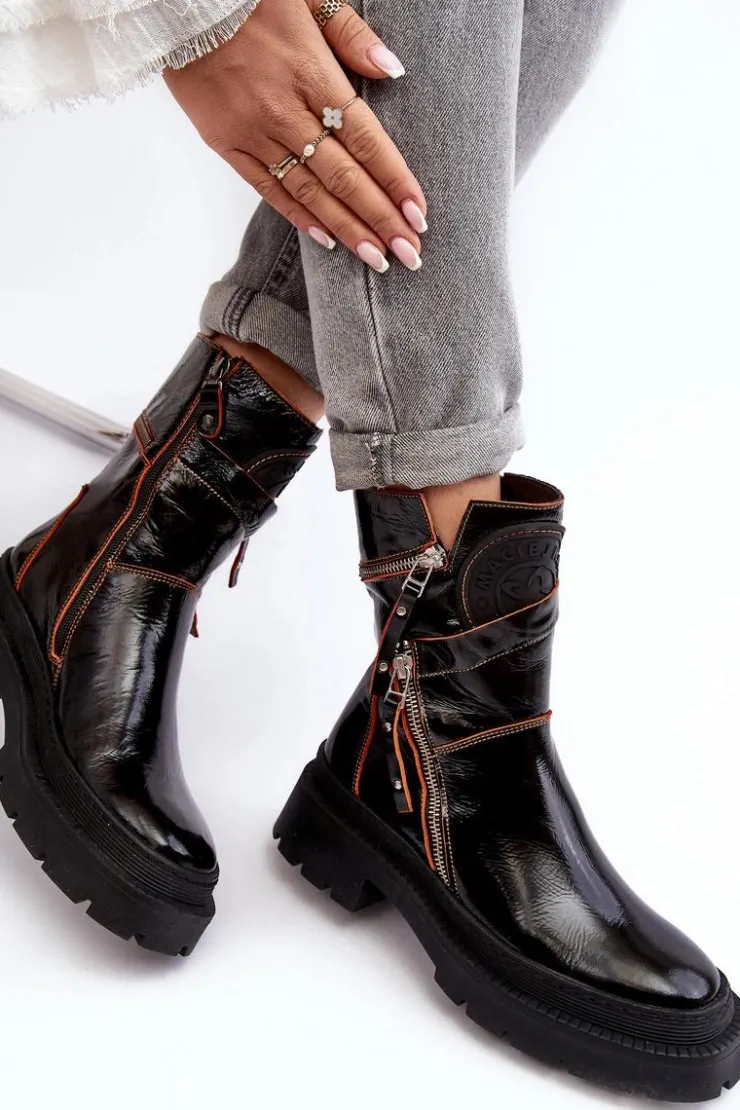 Discount Maciejka Damskie Lakierowane Skórzane Botki Z Suwakami 06238-18 Czarne