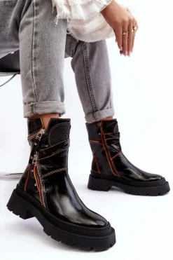 Discount Maciejka Damskie Lakierowane Skórzane Botki Z Suwakami 06238-18 Czarne