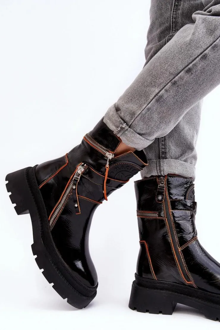 Discount Maciejka Damskie Lakierowane Skórzane Botki Z Suwakami 06238-18 Czarne