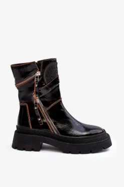 Discount Maciejka Damskie Lakierowane Skórzane Botki Z Suwakami 06238-18 Czarne