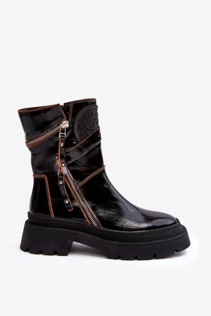 Discount Maciejka Damskie Lakierowane Skórzane Botki Z Suwakami 06238-18 Czarne