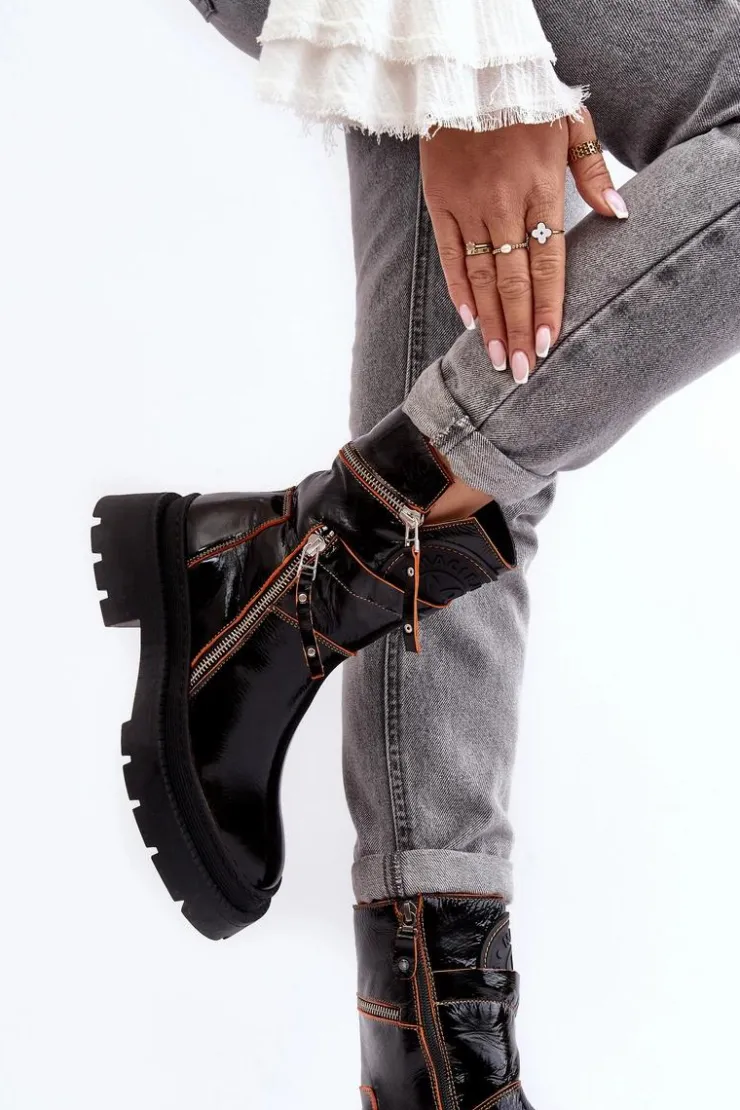 Discount Maciejka Damskie Lakierowane Skórzane Botki Z Suwakami 06238-18 Czarne