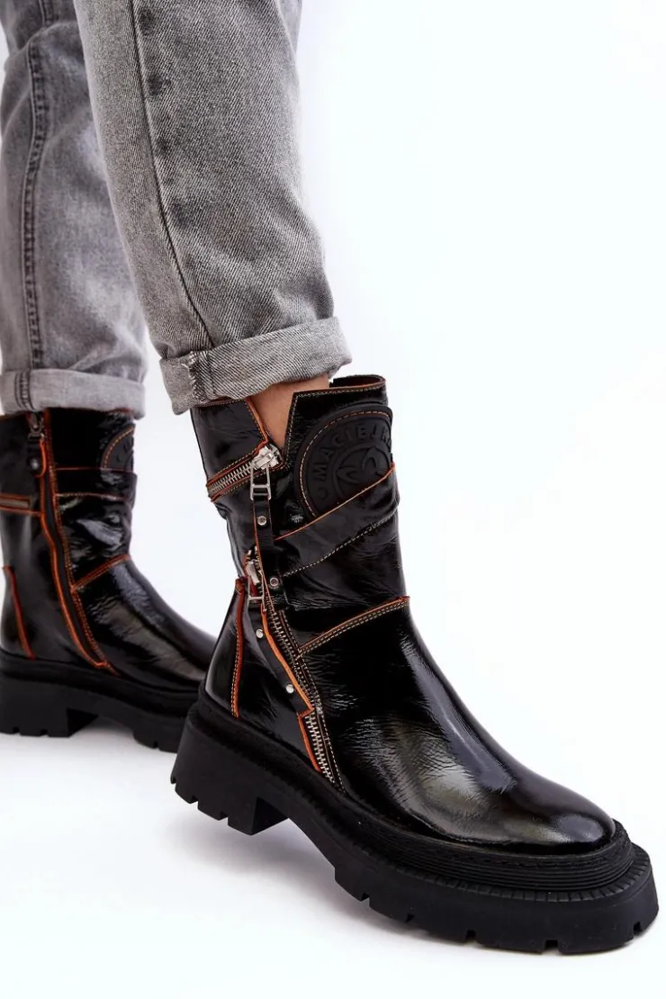 Discount Maciejka Damskie Lakierowane Skórzane Botki Z Suwakami 06238-18 Czarne