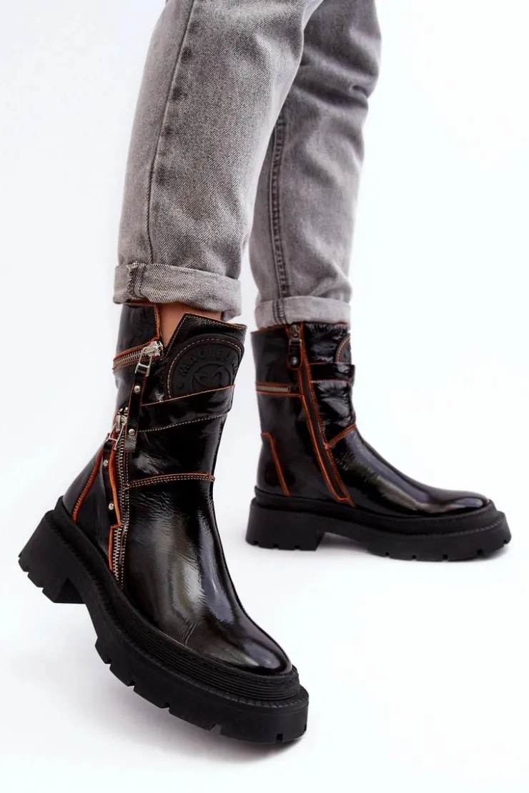 Discount Maciejka Damskie Lakierowane Skórzane Botki Z Suwakami 06238-18 Czarne