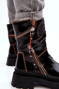 Discount Maciejka Damskie Lakierowane Skórzane Botki Z Suwakami 06238-18 Czarne