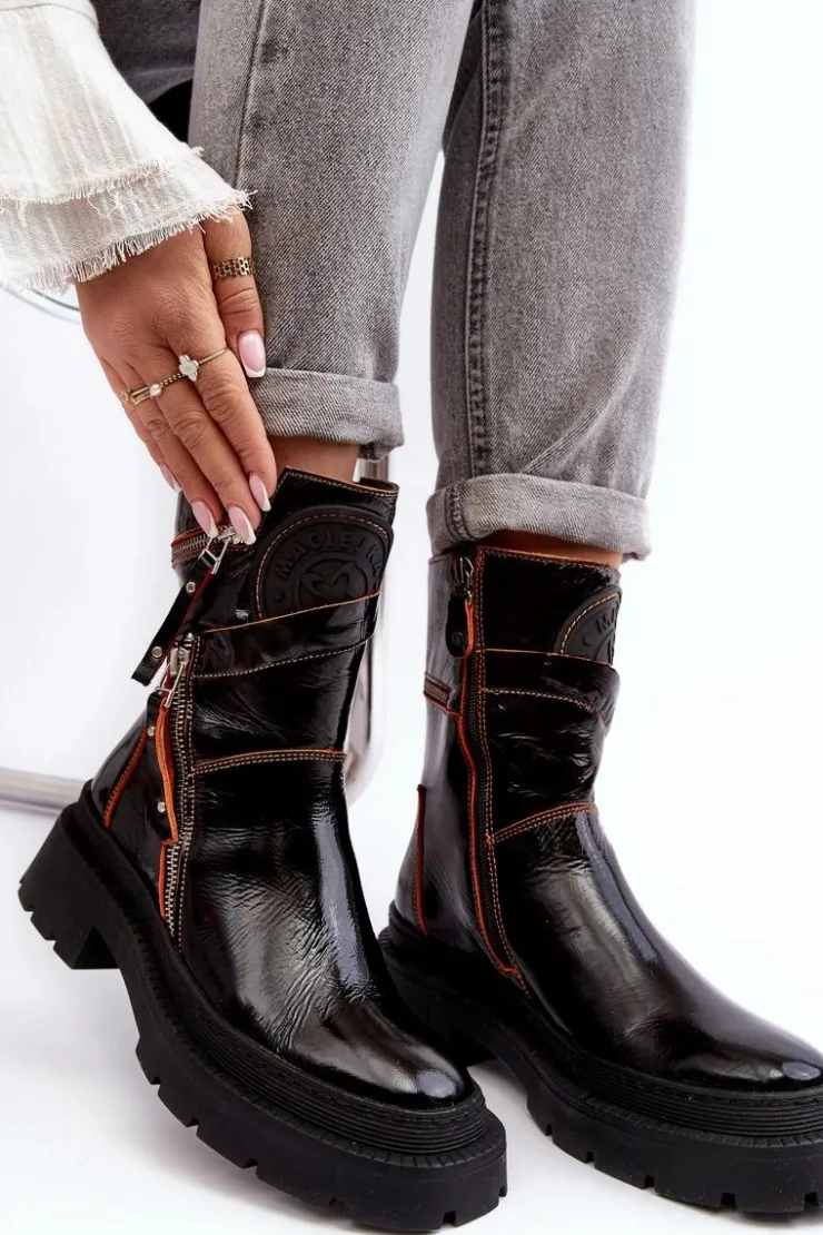 Discount Maciejka Damskie Lakierowane Skórzane Botki Z Suwakami 06238-18 Czarne