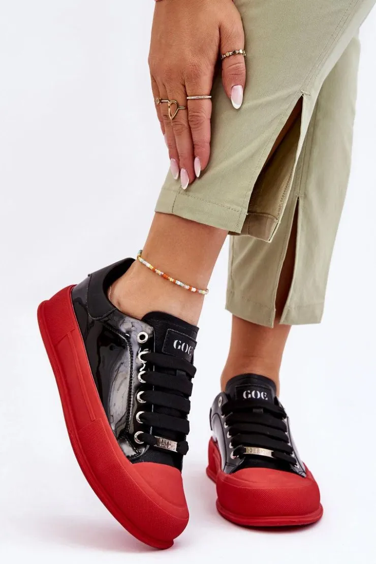 GOE Trampki Damskie Niskie|Sneakersy Damskie*Damskie Lakierowane Trampki Na Platformie LL2N4021 Czarno-Czerwone
