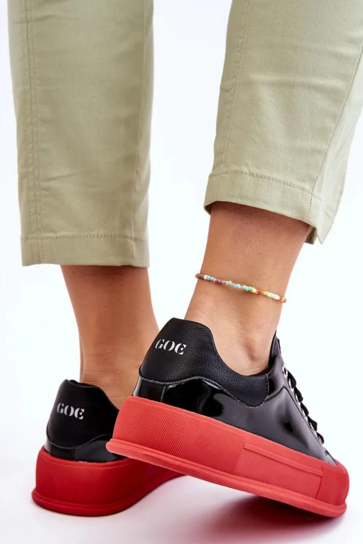 GOE Trampki Damskie Niskie|Sneakersy Damskie*Damskie Lakierowane Trampki Na Platformie LL2N4021 Czarno-Czerwone