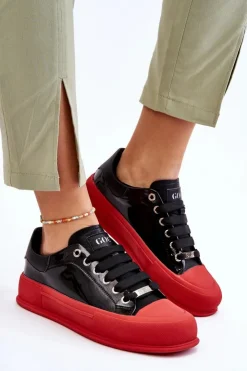 GOE Trampki Damskie Niskie|Sneakersy Damskie*Damskie Lakierowane Trampki Na Platformie LL2N4021 Czarno-Czerwone