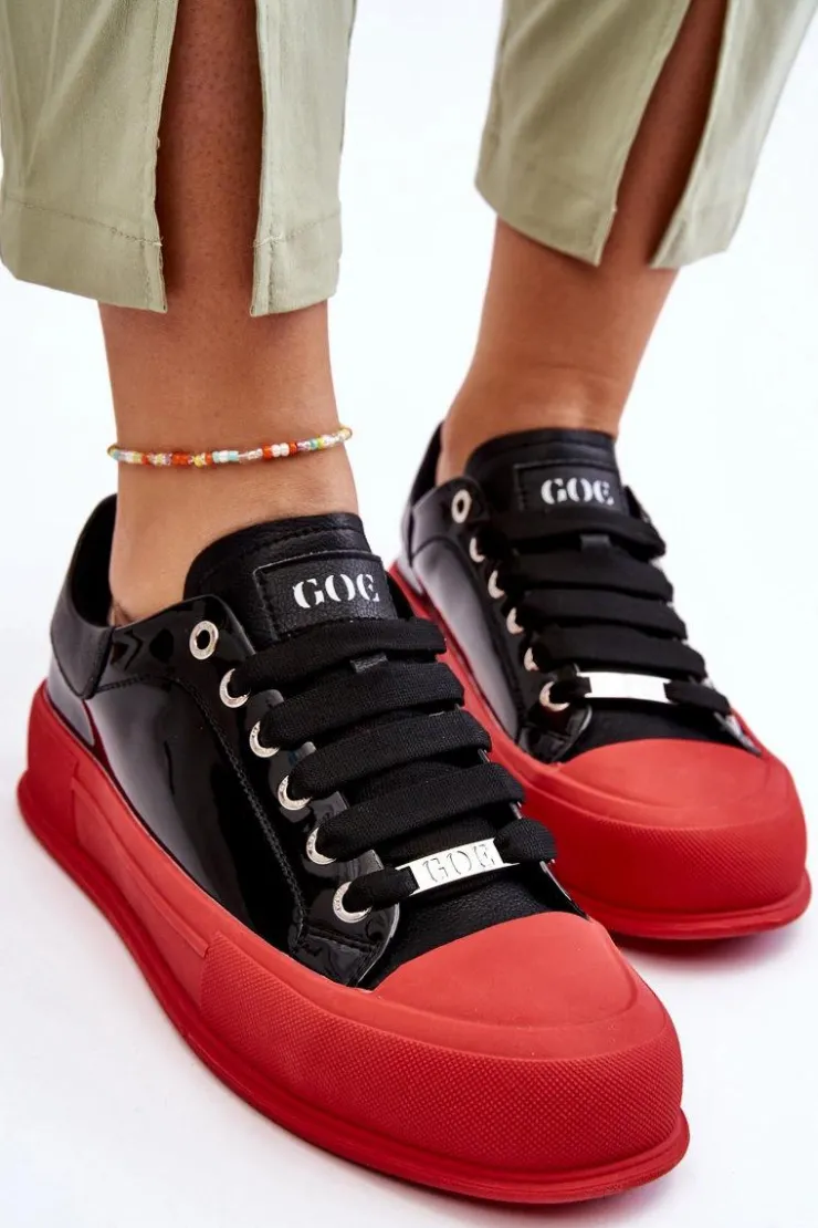 GOE Trampki Damskie Niskie|Sneakersy Damskie*Damskie Lakierowane Trampki Na Platformie LL2N4021 Czarno-Czerwone