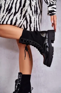 Boto Damskie Lakierowane Workery Botki Ze Skarpetą Czarne Abigail