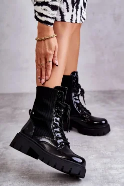 Boto Damskie Lakierowane Workery Botki Ze Skarpetą Czarne Abigail