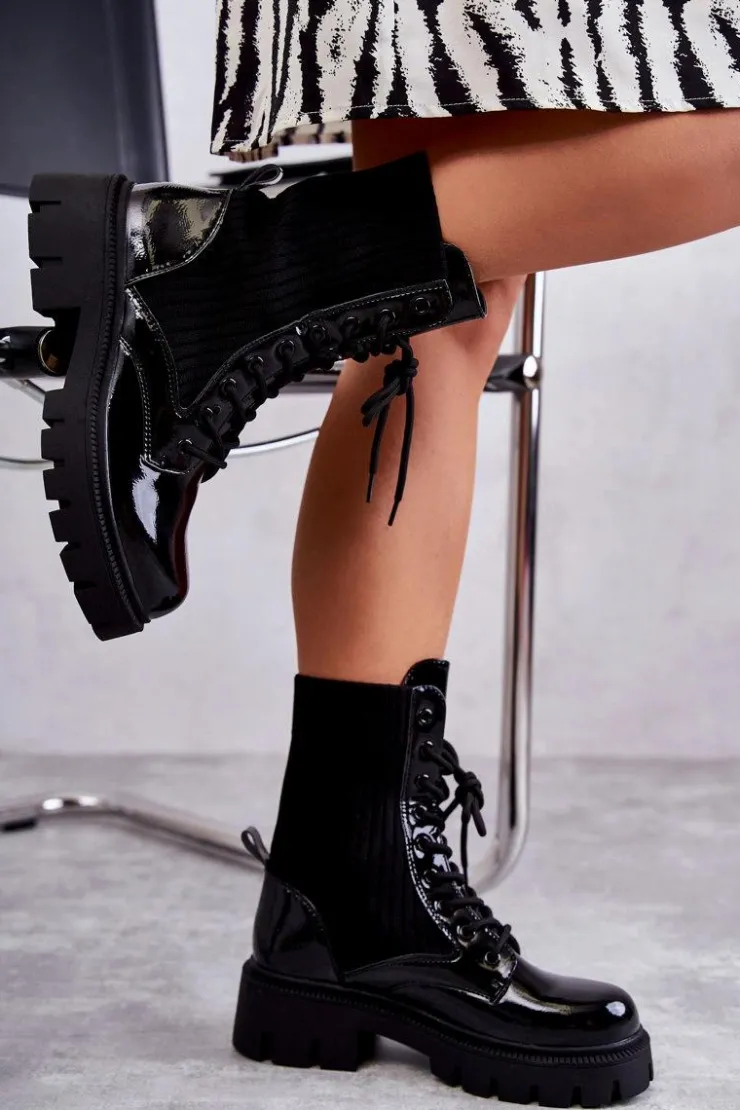 Boto Damskie Lakierowane Workery Botki Ze Skarpetą Czarne Abigail