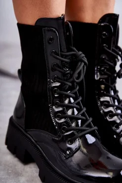 Boto Damskie Lakierowane Workery Botki Ze Skarpetą Czarne Abigail