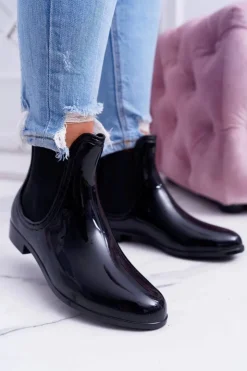 New Boto Damskie Lakierowane Wsuwane Czarne Kalosze Pola