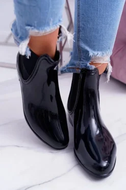New Boto Damskie Lakierowane Wsuwane Czarne Kalosze Pola