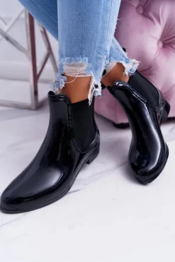 New Boto Damskie Lakierowane Wsuwane Czarne Kalosze Pola