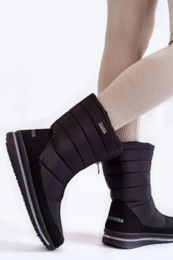 Boto Śniegowce Damskie|Botki Płaskie*Damskie Lekkie Ocieplane Śniegowce Progress PROGJ-22-129 Czarne