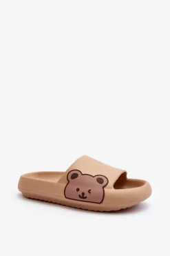 Outlet Boto Damskie Lekkie Piankowe Klapki Motyw Misia Ciemnobeżowe Parisso