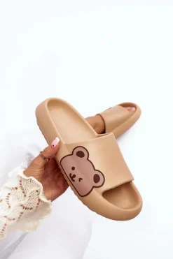 Outlet Boto Damskie Lekkie Piankowe Klapki Motyw Misia Ciemnobeżowe Parisso