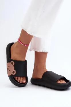 Outlet Boto Damskie Lekkie Piankowe Klapki Motyw Misia Czarne Parisso