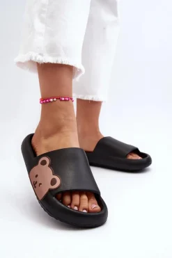 Outlet Boto Damskie Lekkie Piankowe Klapki Motyw Misia Czarne Parisso