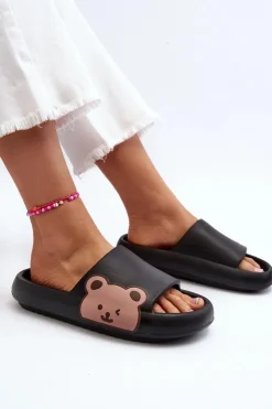 Outlet Boto Damskie Lekkie Piankowe Klapki Motyw Misia Czarne Parisso