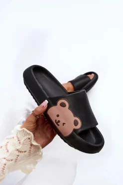 Outlet Boto Damskie Lekkie Piankowe Klapki Motyw Misia Czarne Parisso