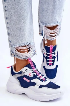 Outlet Big Star Shoes Damskie Lekkie Sportowe Buty Big Star LL274376 Biało-Granatowe