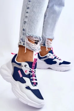 Outlet Big Star Shoes Damskie Lekkie Sportowe Buty Big Star LL274376 Biało-Granatowe