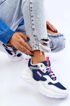 Outlet Big Star Shoes Damskie Lekkie Sportowe Buty Big Star LL274376 Biało-Granatowe