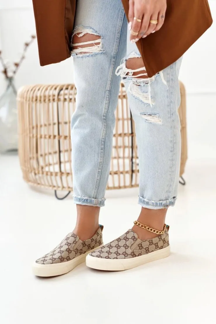 Damskie Boto Damskie Logowane Tenisówki Slip-On Khaki Challenge