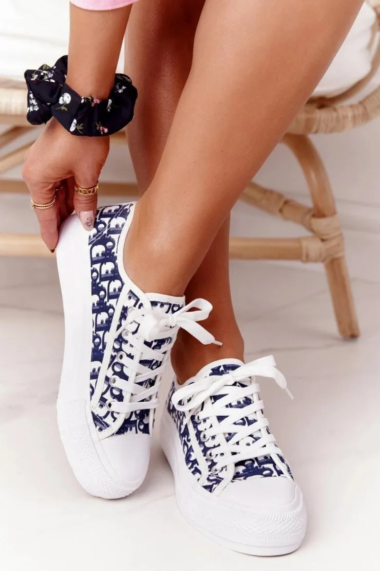 Damskie Boto Damskie Logowane Trampki Biało-Granatowe Daphne