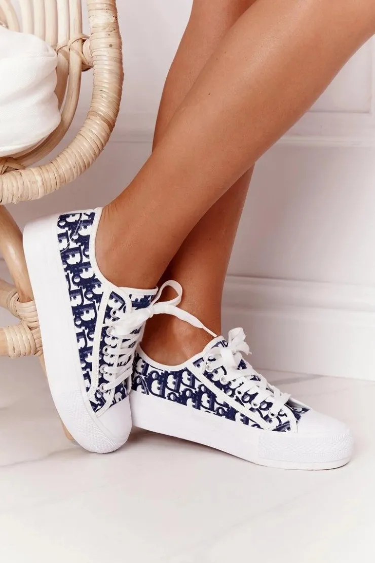 Damskie Boto Damskie Logowane Trampki Biało-Granatowe Daphne