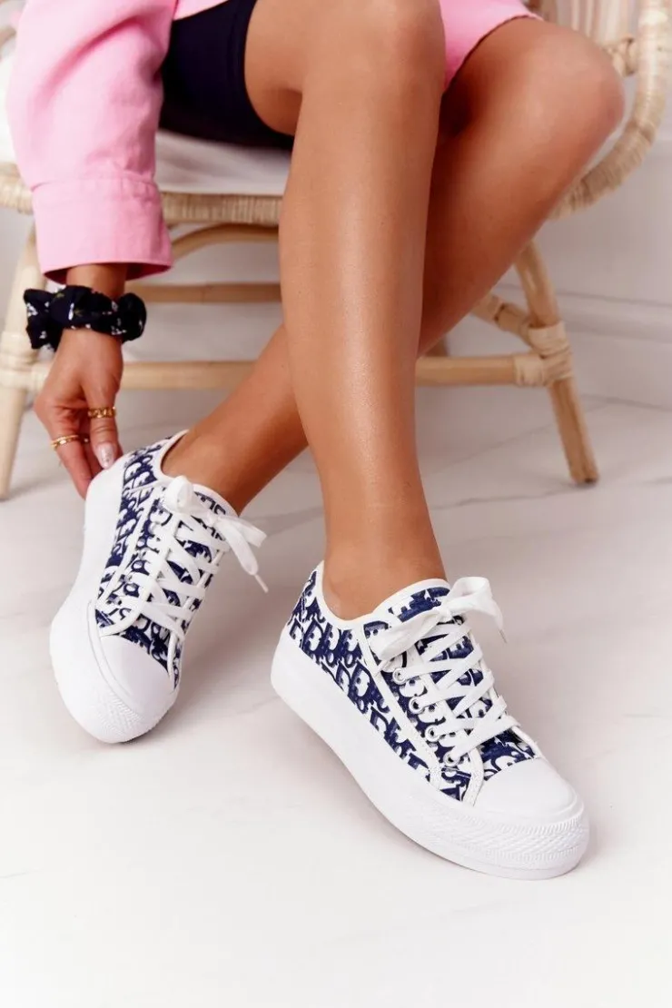 Damskie Boto Damskie Logowane Trampki Biało-Granatowe Daphne