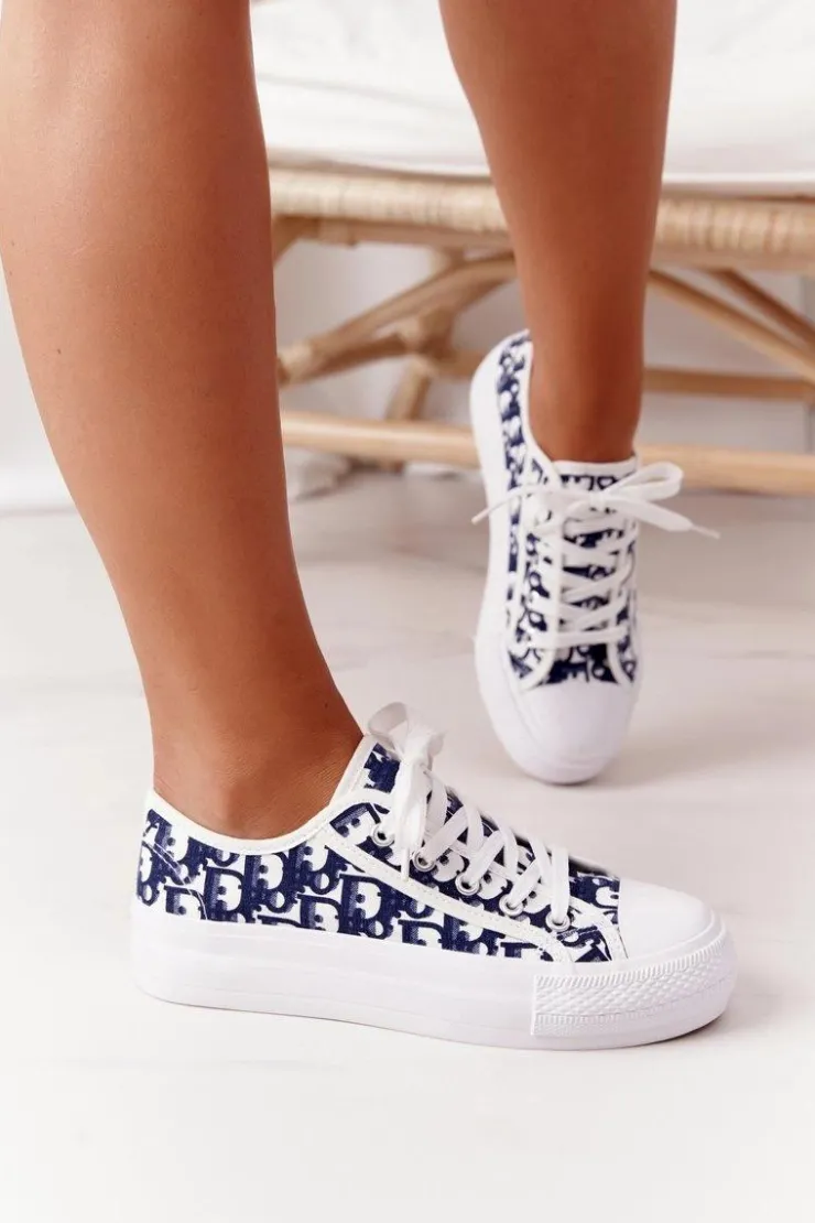 Damskie Boto Damskie Logowane Trampki Biało-Granatowe Daphne