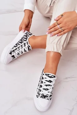 Damskie Boto Damskie Logowane Trampki Biało-Czarne Daphne