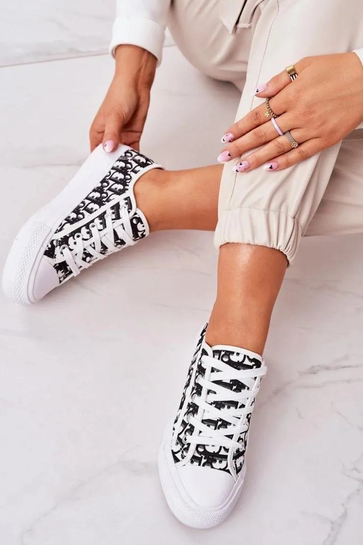 Damskie Boto Damskie Logowane Trampki Biało-Czarne Daphne