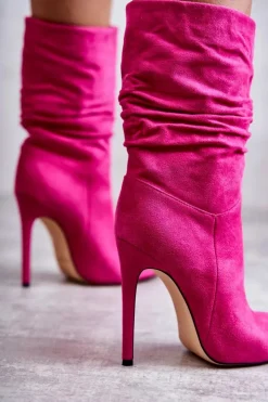 Boto Kozaki Przed Kolano|Kozaki Na Obcasie*Damskie Marszczone Botki Kozaki Różowe Laguna Różowy
