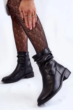 Buty Sergio Leone Czarne Botki|Botki Zimowe Damskie*Damskie Marszczone Botki Na Płaskim Obcasie Czarne Sersa