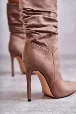 Hot Boto Damskie Marszczone Botki Kozaki Brązowe Laguna Brązowy