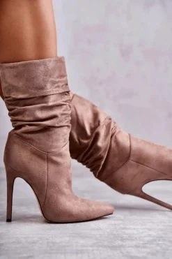 Hot Boto Damskie Marszczone Botki Kozaki Brązowe Laguna Brązowy