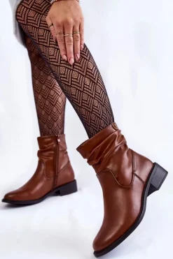 Discount Buty Sergio Leone Damskie Marszczone Botki Na Płaskim Obcasie Brązowe Sersa