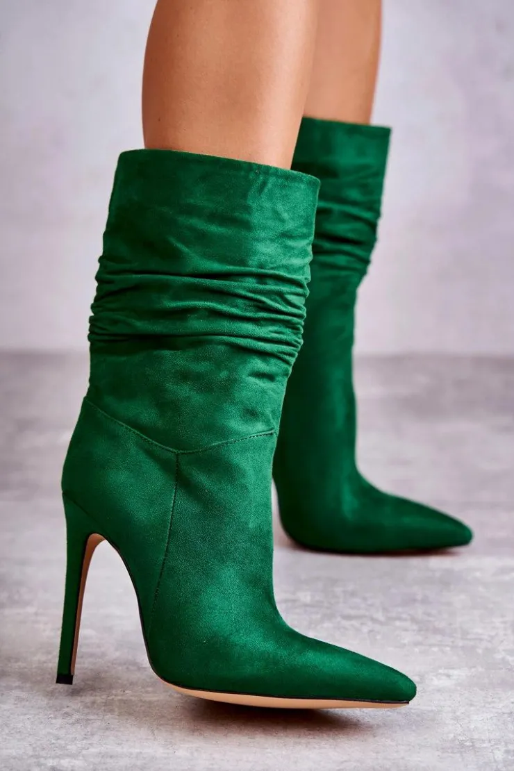 Discount Boto Damskie Marszczone Botki Kozaki Zielone Laguna Zielony