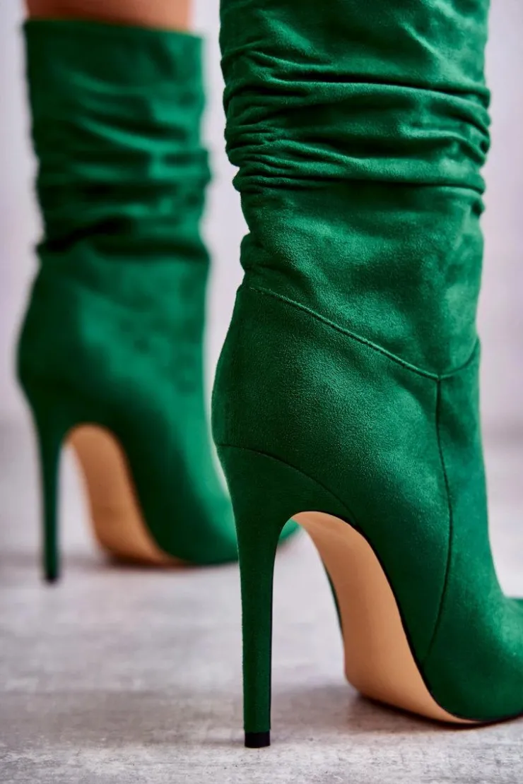 Discount Boto Damskie Marszczone Botki Kozaki Zielone Laguna Zielony