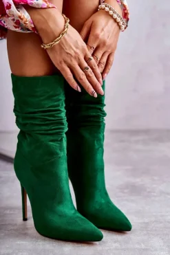 Discount Boto Damskie Marszczone Botki Kozaki Zielone Laguna Zielony