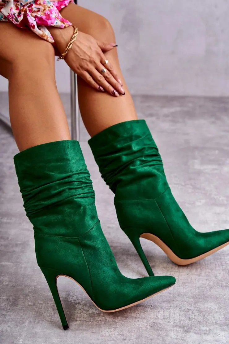 Discount Boto Damskie Marszczone Botki Kozaki Zielone Laguna Zielony