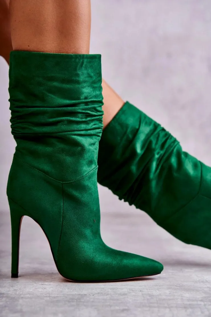 Discount Boto Damskie Marszczone Botki Kozaki Zielone Laguna Zielony