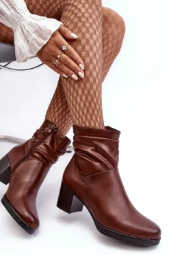 Buty Sergio Leone Botki Zimowe Damskie|Brązowe I Beżowe Botki*Damskie Marszczone Botki Na Słupku Brązowe Liriam